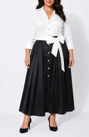 OLEG CASSINI Stretch Taffeta Collar Midi Dress in Black/White at Nordstrom Rack, Size 1 X