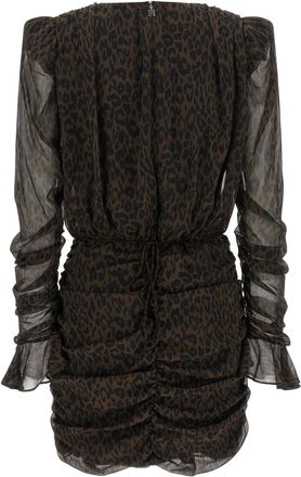 Rotate Leopard-Print Ruched Dress - Black