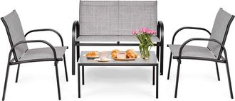 Costway Juego De 4 Piezas De Muebles De Patio Con 2 Sillones,1 Banco De 2 Plazas Y 1 Mesa De Centro De Hierro Y Tela De Malla Para Terraza Jard&iacute;n Exterior (gr