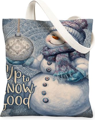Generic Winter Snow Man Canvas Tote Bags, Holiday Frost Design Reusable Grocery Bags, Vintage Chic Lightweight Washable Shoulder St, Blue, 13x15 Inch