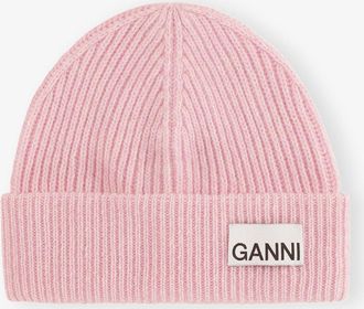 Ganni Pink Light Fitted Rib Knit Wool Beanie