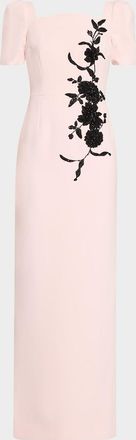 Teri Jon Floral Applique Crepe Column Gown