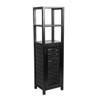 Happimess Solstice Handcrafted Pine Wood Bathroom Freestanding Floor Storage Cabinet with Louvered Door and 3-Tier Open Shelves in Black at Nordstrom