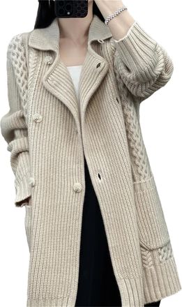 Generic Women Merino Wool Cardigan Jumper Long Coat Winter Button Down Thick Knitwear Light Brown Gray M(6)