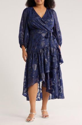 Anne Klein Metallic Long Sleeve High-Low Wrap Dress in Distant Mountain at Nordstrom, Size 16W