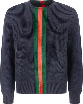 Gucci Trui met Web-streep in Ribgebreid - Heren - Ronde hals truien - Blauw - M - Wol - Truien & Vesten