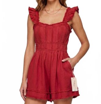 Peach Love California Mineral Wash Cotton Twill Romper In Red