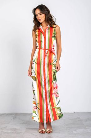 Lavender Brown Jordan Collared Belted Maxi Dress In Orange Multi