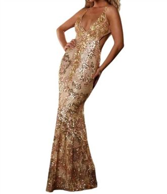 Mac Duggal Open Back Sequin Gown In Champagne