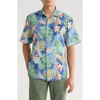 Tommy Bahama Nova Wave Mira Jungle Floral Short Sleeve Seersucker Button-Up Shirt in Bering Blue at Nordstrom, Size Xxx-Large