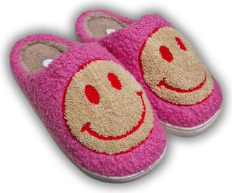 TOSH Ladies Mule Slippers Happy Face Smile Warm Lined Cushioned Padded Flat Slip Ons (Hot Pink, UK Footwear Size System, Adult, Women, Numeric, Medium, 4)