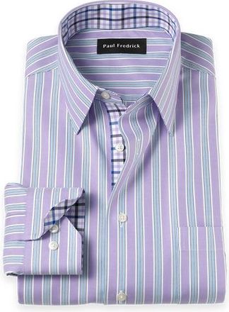 Paul Fredrick Cotton Poly Spandex Point Collar Twill Slim Contrast Trim Button Cuff Long Sleeve in Purple at Nordstrom, Size 17 X 32
