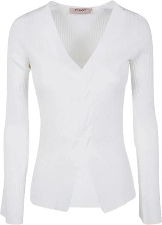 Twinset Geribbelde V-hals Lange Mouw Top - Dames - V-hals truien - Wit - S - Truien & Vesten
