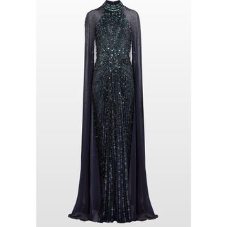 Jenny Packham Thea Embellished Cape Maxi Dress in Ink at Nordstrom, Size 14 Uk