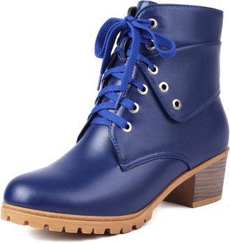 Generic Womens Ankle Boots Lace Up PU Leather Round Toe Medium Chunky Block Heel Lug Sole Metal Eyelets Reinforced Stitching Non Slip Durable Structure,Blue,4