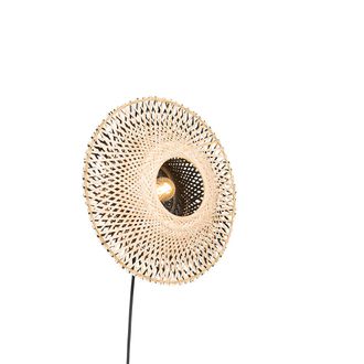 QAZQA Oriental L&aacute;mpara De Pared Inteligente De Bamb&uacute; 30 Cm Con Enchufe Incl. Wifi P45 - Rina Bamb&uacute; /acero Redonda Adecuado Para Led Max. 1 X 4.5 Watt - Qazq