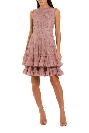 Mac Duggal High Neck Sleeveless Beaded Dress With Ruffled Hem in Antique Rose at Nordstrom, Size 14