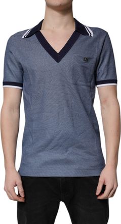 Dolce & Gabbana Mens Silk-Blend Collared V-Neck Polo Blue Cotton
