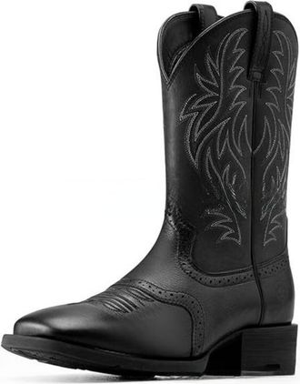 Generic Mens Flat Heel Western Cowboy Boots Pull on Mid-Calf Boots with Embroidery Stitched Round Toe PU Leather Long Boot,Black,5.5 UK