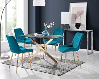 Furniturebox Leonardo Grey Glass Marble Effect Gold Leg Table & 4 Pesaro Gold Leg Chairs in Blue