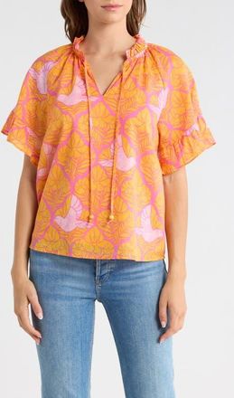 Sugarlips Jaidy Floral Erie Split Neck Cotton Top in Orange-Pinks-Multi at Nordstrom, Size X-Large