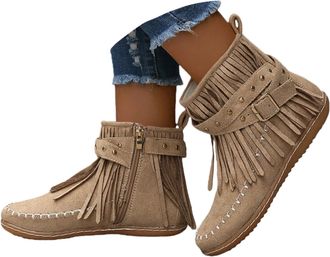 Generic Womens Fringe Cowboy Boots Short Wide Width Ankle Boots Vintage Stylish Buckle Suede Short Booties Fashion Western Pull On Retro Low Heel Dress Shoes 
