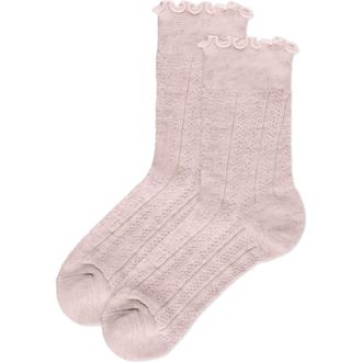 MeMoi Heart Ruffle Cuff Cotton Blend Pointelle Crew Socks in Pink Heather at Nordstrom, Size 9
