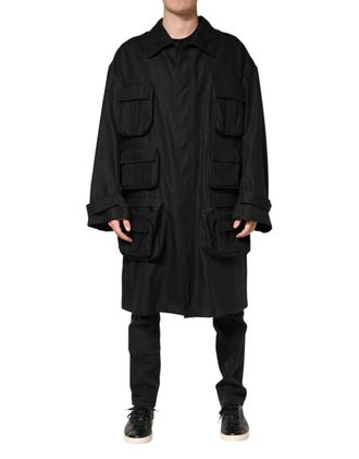 Dolce & Gabbana Mens Black Pockets Collared Trench Coat Jacket Linen Clothing