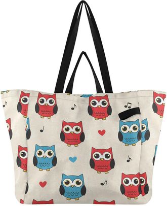 Generic Owl Music Beige pattern Reusable Canvas Tote Bag, Heavy Duty Grocery Shopping Bag with Double Handles Hard Bottom Large Capacity Work Groceries Travel