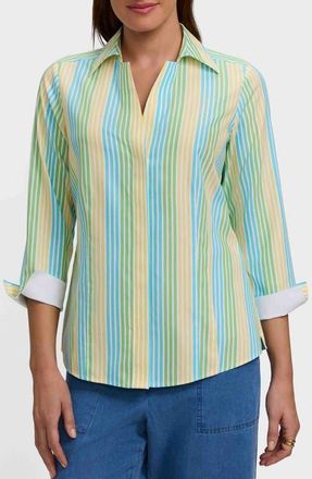 Foxcroft Taylor Stripe Cotton Button-Up Shirt in Blue/Multi at Nordstrom, Size 16