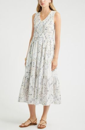 Treasure & Bond Smocked Tank Midi Dress in Ivory- Blue Scarf Floral at Nordstrom, Size Xx-Small