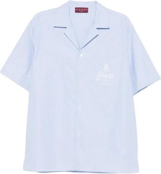 Gucci Short Sleeve Shirts, male, Blue, Size: XL Thin Striped Cotton Poplin Bowling Shirt