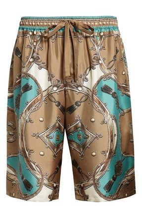 Dolce & Gabbana Cavallo Print Silk Bermuda Shorts in Corde/Verdon at Nordstrom, Size 32 Us