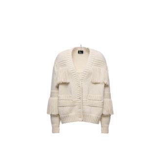Moncler Moncler Fringe-trim Wool Blend V-neck Cardigan, Women, White, Size: Xs