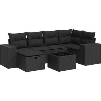 vidaXL Set De Sof&aacute;s De Jard&iacute;n 7 Pzas Con Cojines Rat&aacute;n Sint&eacute;tico Negro
