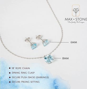 MAX + STONE 925 Sterling Silver Cushion Cut Gemstone Stud Earrings and Pendant Necklace