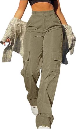 Generic Cargo Pants for Women UK Y2k Baggy Elastic High Waist Wide Leg Workwear Trousers Solid Color Casual Relaxed Hiking Walking Combat Streetwear Outdoor S