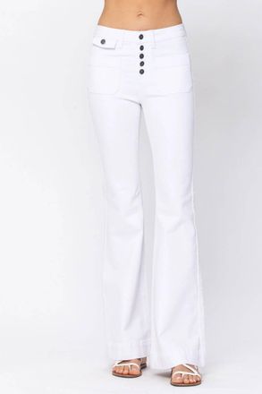 Judy Blue High Rise Button Fly Patch Pocket Flare Jeans In White