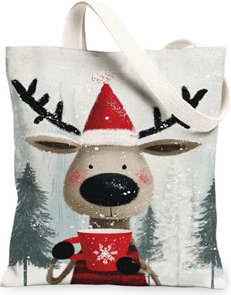 Generic Christmas Reindeer Canvas Tote Bags, Cute Animal Winter Design Reusable Shopping Bags, Festive Lightweight Washable Shoulde, White, 13x15 Inch