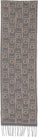 Ferragamo Grey Reversible Geometric Fringed Cashmere Wool Scarf