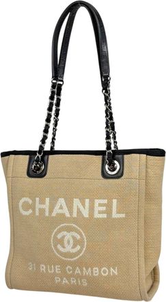 Chanel Deauville Beige Canvas Shoulder Bag Tote Bag (Pre-Owned)