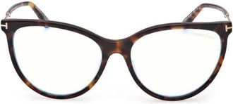 Tom Ford 56mm Cat Eye Blue Light Blocking Optical Glasses in Havana /T Logo /Blue Block at Nordstrom