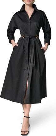DKNY Drawstring Waist Stretch Cotton Midi Shirtdress in Black at Nordstrom, Size 14
