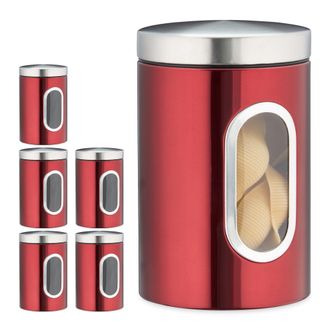Relaxdays 6 X Recipiente De Almacenamiento Para Cocina, Con Tapa Y Ventana, 1,4 L, Para Caf&eacute;, Harina, Pasta, Bote Metal, En Rojo