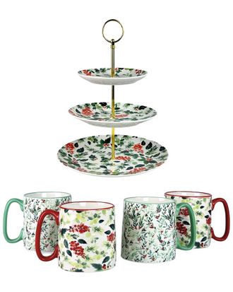 10 Strawberry Street Holly Hosting Set - 3 Tier Serving Stand & 4 Mugs