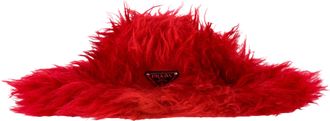 Prada Pre-owned Womens Logo-Plaque Faux Fur Hat in Red Mohair Wool - One Size