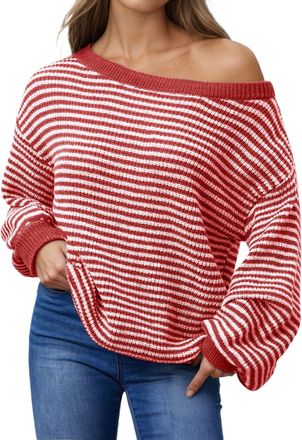 Generic Womens Striped Off Shoulder Knit Pullover Sweater Loose Oversized Long Sleeve Tunic Top Comfortable Casual Winter Fashion (Red, L)
