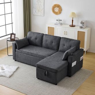 Merax 3-in-1 Convertible Sofa Bed with Storage, Cup Holders, Pillows in Grey