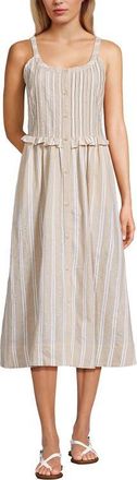 Lands End Linen Blend Pintuck Tank Midi Dress in Champagne/white Double Stripe at Nordstrom, Size X-Large
