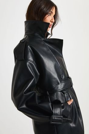 Boohoo Womens Maxi Faux Leather Trench Coat - Black - Size 14 UK